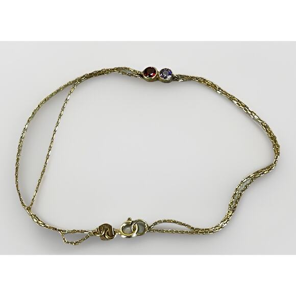 14K Gold over Sterling 2 Stone Dainty Chain Bracelet- Ruby Pink Stone Bezel Set - Picture 2 of 13
